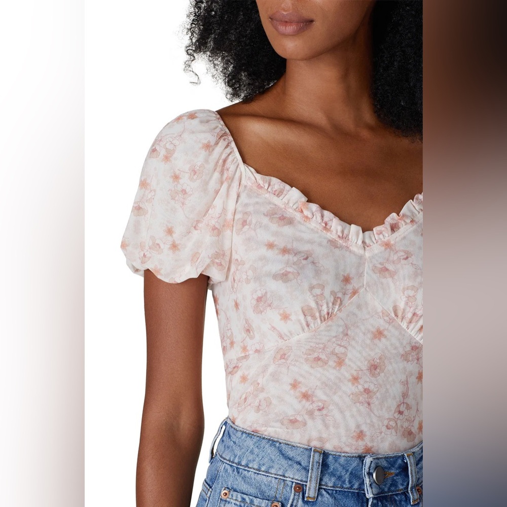 Louna Pink Floral Mesh Milkmaid Top Size Medium Ruched Puff Sleeve Womens Blouse